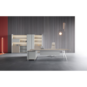 Prime Edge L-Desk Dubai – Luxury L-shaped executive desk with wood finish and white base for modern UAE offices